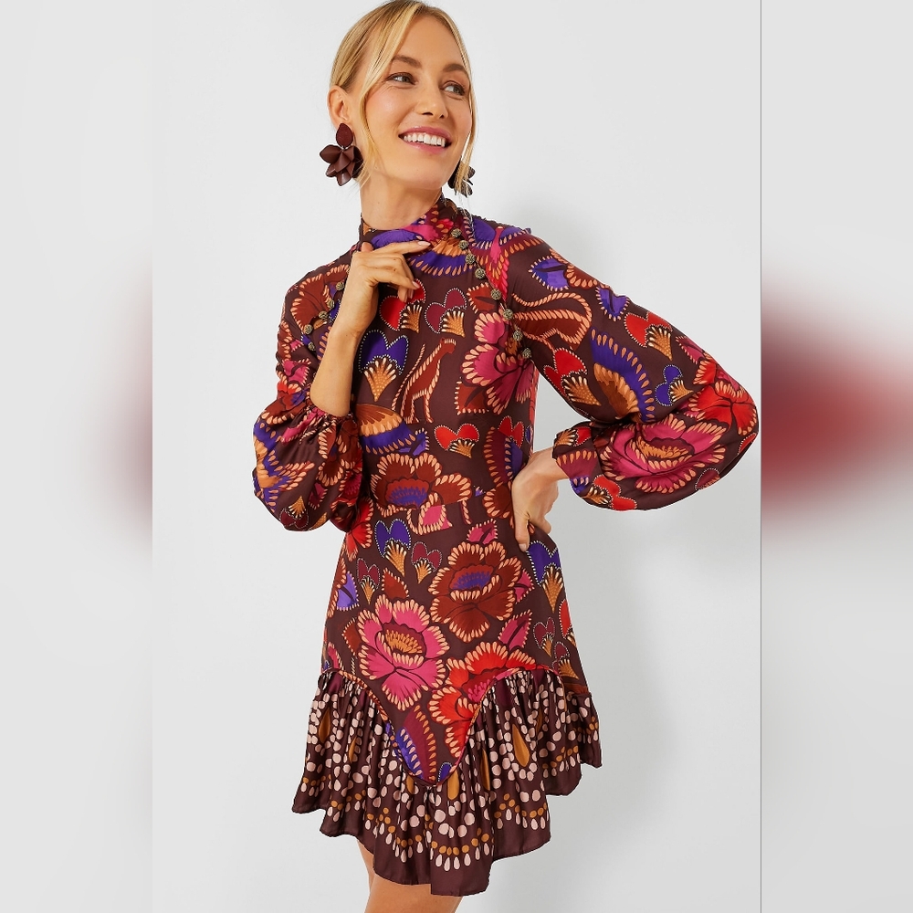 B1. NWOT FARM RIO BRIGHT FLORA BROWN LONG SLEEVE MINI DRESS
